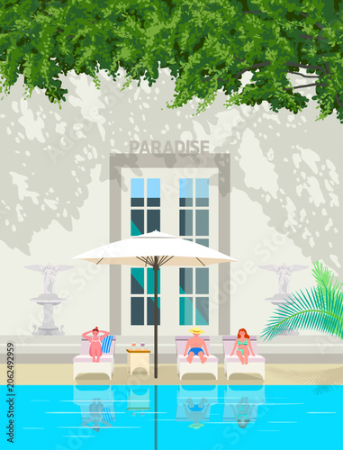 Relaxing Tropical Resort Poolside Scene With Vacation Travelers
