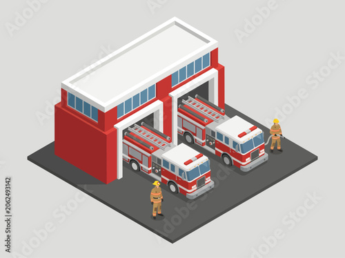 A vibrant red and white isometric fire station stands proudly on a grey platform, featuring two fully equipped fire engines emerging from open garage doors while two heroic firefighters stand on duty