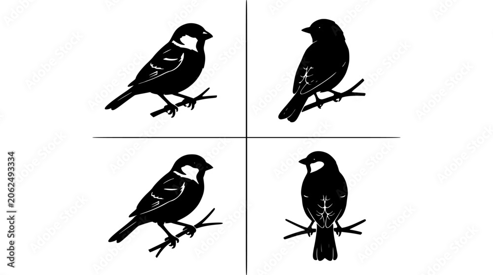 Fototapeta premium Birds Perched on Branches in Four Different Poses, Black Silhouettes Featuring Nature, Wildlife, Animals with Avian and Resting Elements