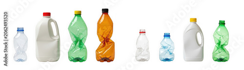 Collection of various empty plastic bottles isolated on transparent background