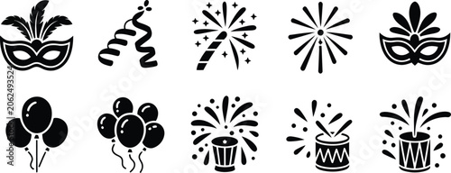 Fotografie Carnival and festival celebration icon set with masks fireworks balloons and dru