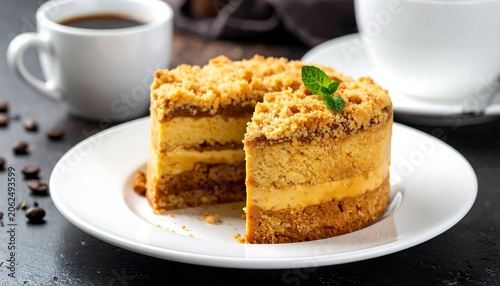 A crumbly cake slice on a white plate with coffee cups
