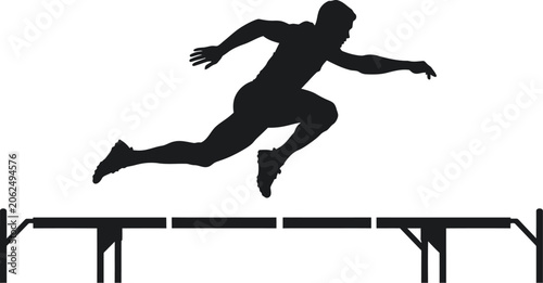 Foto Athlete clears the hurdle with a powerful leap during a competitive track and field race event