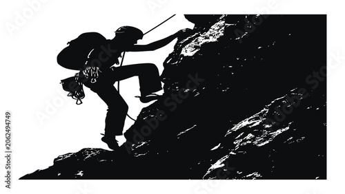 Obraz na plátně Rock climber scales a steep mountain cliff face with professional safety ropes and equipment