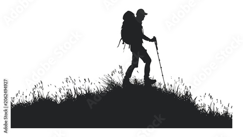 Fotografie Hiker walking on a grassy hill isolated on a white background representing outdoor travel and adventure trekking
