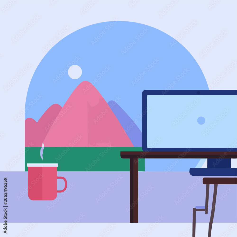 Naklejka premium A serene office scene with a computer, coffee mug, and mountain view