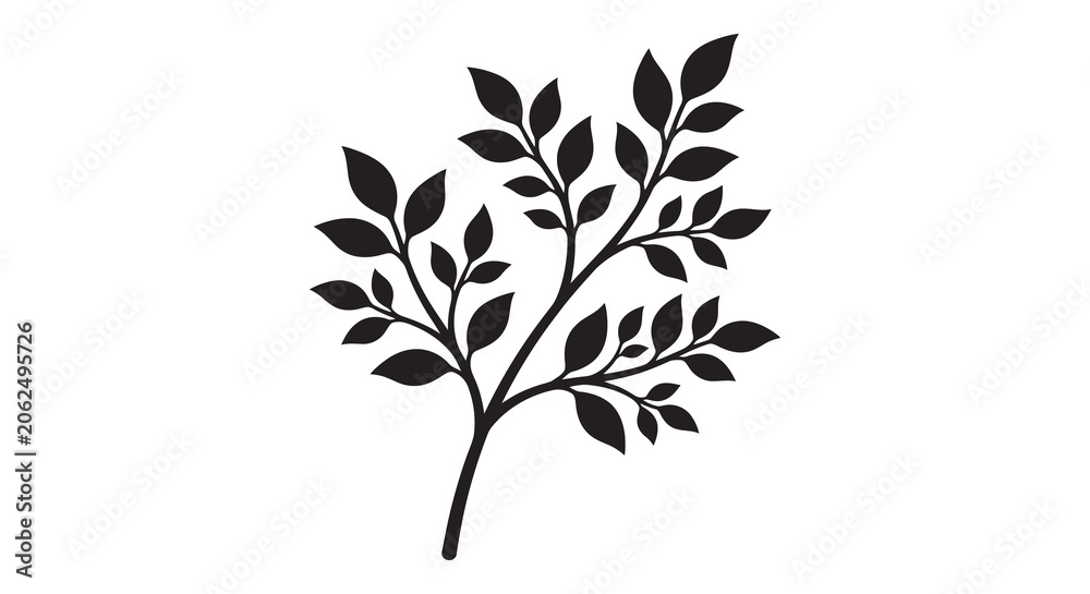 Fototapeta premium Black silhouette of a leafy branch against a white background