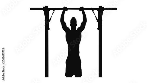 Foto Man silhouette performs a pull up exercise on a metal bar to improve upper body muscle strength