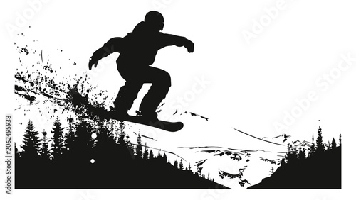 Photos Snowboarder catches air while performing an impressive jump over a snowy mountain ridge