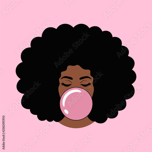 Woman Blowing Bubble Gum Afro Portrait Illustration