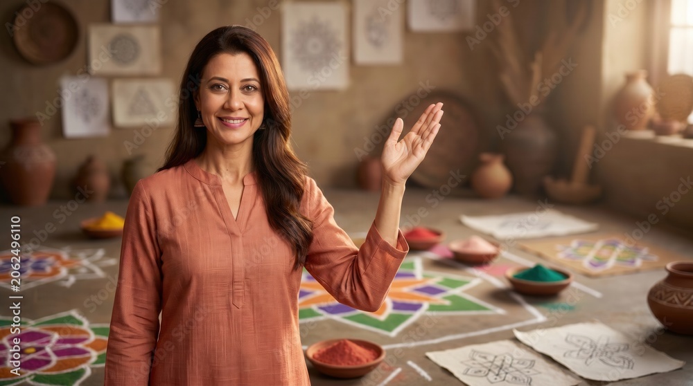 Fototapeta premium Indian woman standing in a studio, presenting traditional rangoli designs and colored powders