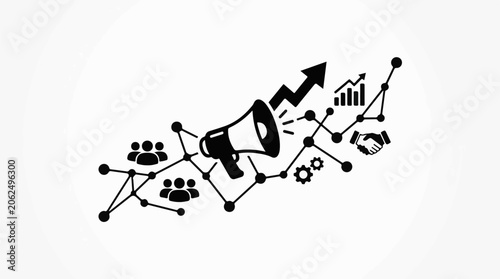 A black and white graphic depicting a megaphone surrounded by various business-related icons