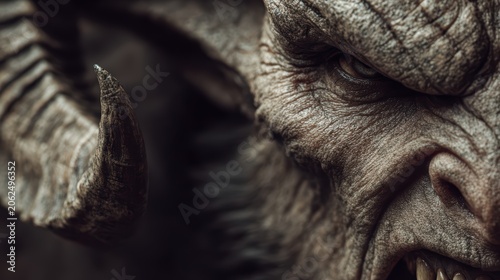 Fierce creature close-up with textured skin and sharp horns