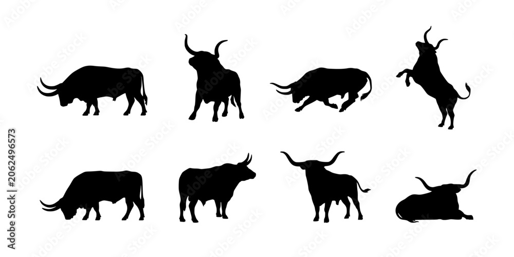 Obraz premium Bulls in Various Poses as Black Silhouettes Featuring Animals, Livestock, Cattle with Horns and Standing Elements for Walking, Running Projects