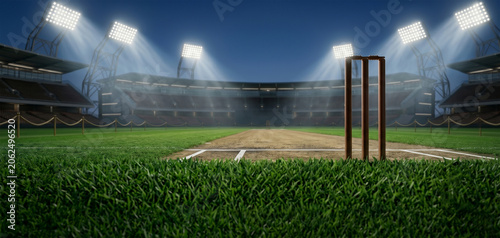 Cricket pitch night floodlights, illuminated cricket arena, empty sports stadium, cricket ground lighting, night sport background, professional cricket venue, green cricket grass, bright stadium light