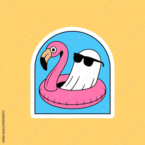 Cute Ghost in Flamingo Pool Float Summer Illustration