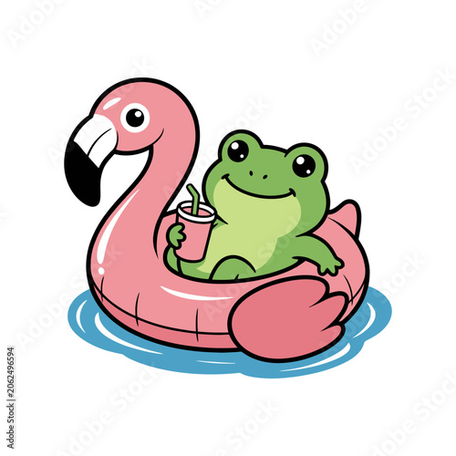 Cute Frog Floating in Flamingo Pool Float Illustration