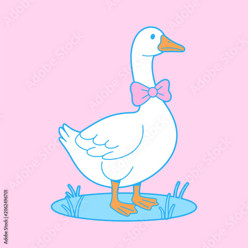 Cute Goose with Bow Standing on Grass Illustration