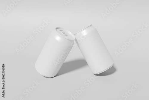 Aluminum beverage cans mockup with blank white soda can templates in cheering position, minimalist tin containers for juice or beer branding presentation, clinking concept, realistic 3d render