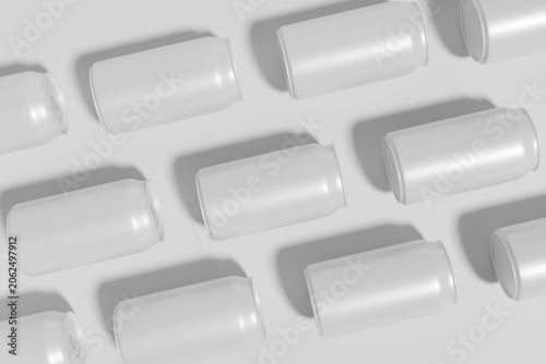 Aluminum beverage can mockup with blank white soda can template, on grey background, minimalist can container for juice or beer branding presentation, realistic 3D rendering