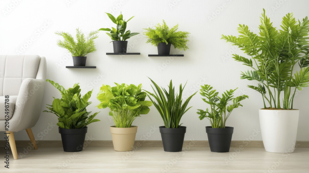 Fototapeta premium Minimalist living room design featuring various indoor plants in stylish pots, creating fresh and vibrant atmosphere