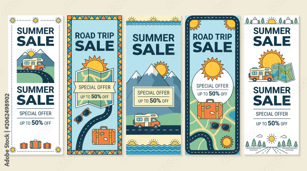 Naklejka premium A collection of various colorful summer sale and road trip sale banners are displayed, 3d style.