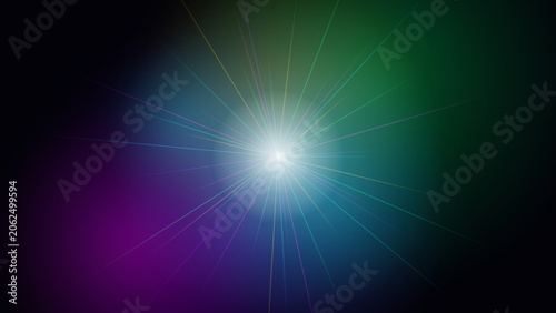 Bright light flare with lens effect on dark background