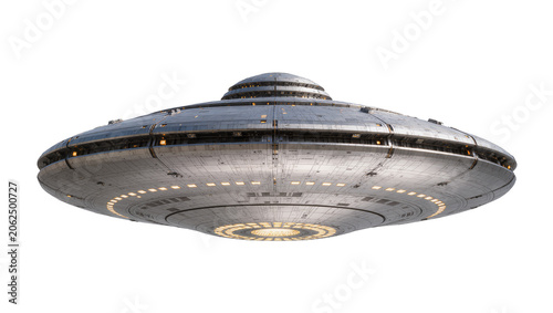 Fotografie Futuristic metallic flying saucer with glowing lights
