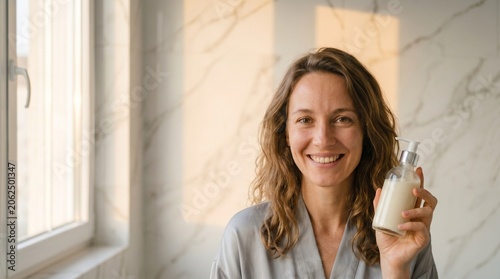 Smiling mid-adult woman holding skincare bottle in sunlit bathroom.