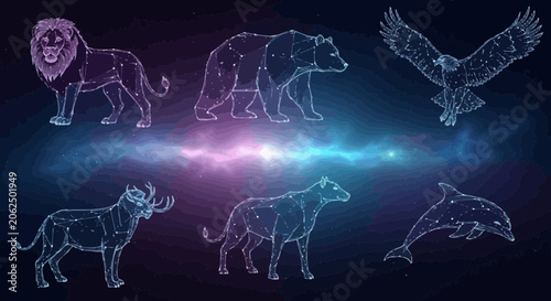 Stylized vector illustration featuring multiple wildlife animals designed as glowing star constellations against a deep blue swirling galaxy nebula background