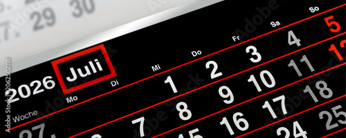 Deutscher Kalender Monat Juli  2026 rot schwarz