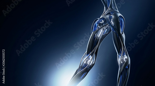 Futuristic robotic legs with glowing blue cybernetic circuits and smart grid technology network