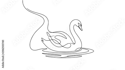 Elegant swan swimming, continuous line drawing, minimalist art, white background