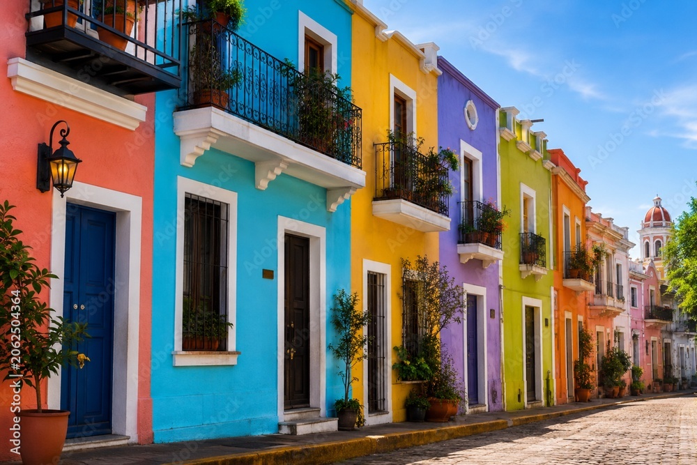 Fototapeta premium Colorful colonial houses on a charming cobblestone street