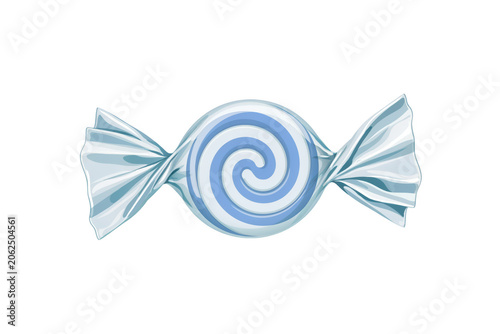 Single wrapped hard candy with a blue and white spiral pattern and twisted plastic ends isolated on a transparent background