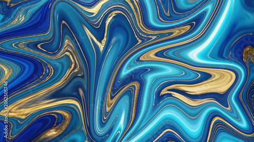 Cyan Blue and Gold Luxury Liquid Abstract.