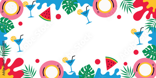 Colorful summer abstract frame with tropical leaves, cocktails, and pool floats, ideal for holiday promotions and web banners