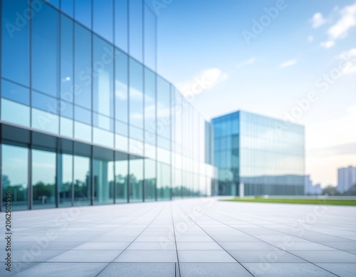 Blurred modern glass office building exterior, soft bokeh, blue sky