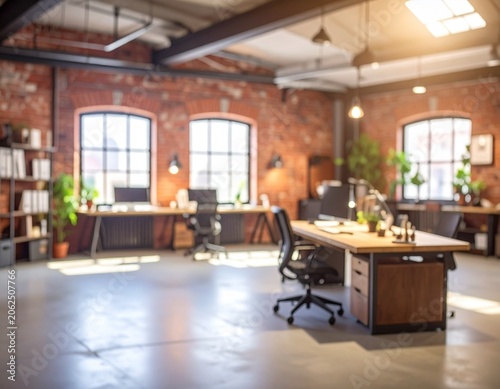 Blurred startup garage-style office, exposed brick blur, natural light