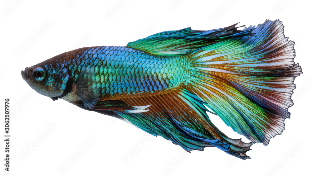 Fototapeta premium Siamese fighting fish with iridescent blue and green scales and flowing fins