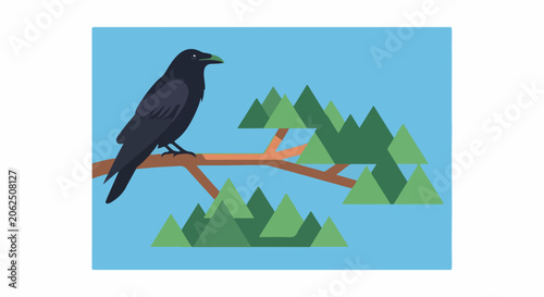 A black bird with green beak rests on a branch with abstract evergreen trees