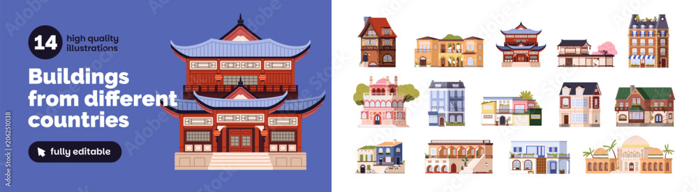 Fototapeta premium Buildings from different countries set. Architecture of various cultures with traditional facades. Chinese, Japanese, English, France houses and palaces. Flat isolated vector illustrations on white