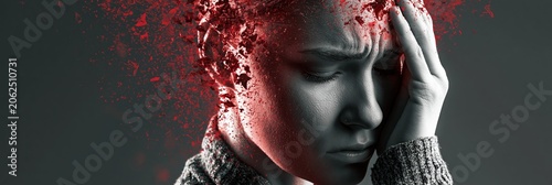 Woman experiencing intense headache, red particles symbolizing mental pain, stress, and mind fragmentation