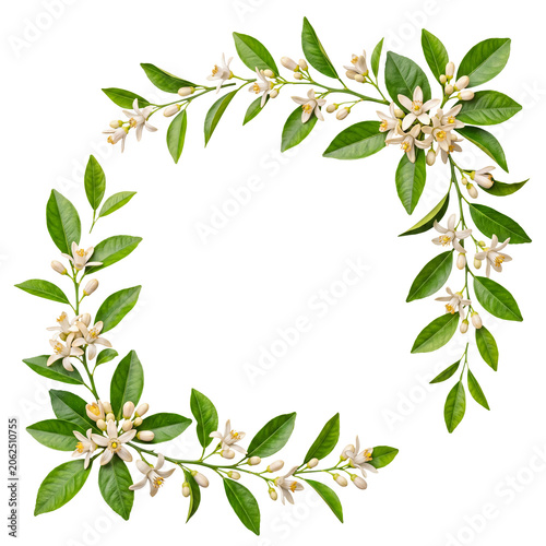 Decorative corner frame of delicate orange blossoms with fresh green leaves and buds, isolated.