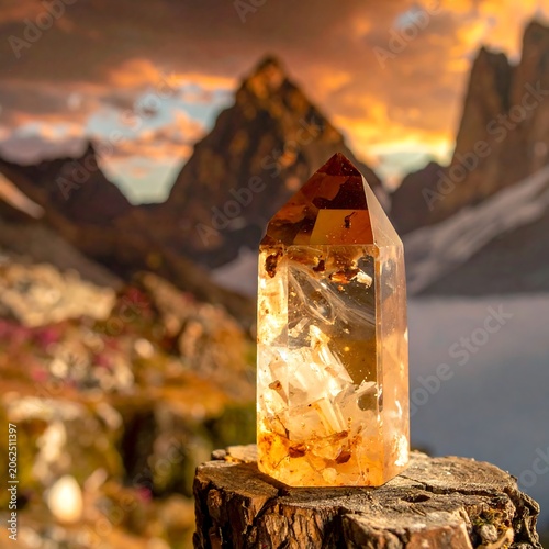 A crystal on a tree stump with a mountain range