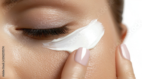 Woman applying skincare cream her face, showcasing close up of her eye and hand. image conveys sense of self care and beauty
