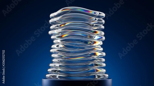 Abstract Stacked Glass Sculpture with Iridescent Rainbow Reflections on Blue Background