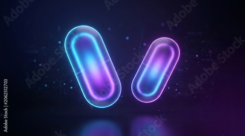 Futuristic Neon Glowing Capsules Representing Digital Medicine and Biotech Innovation