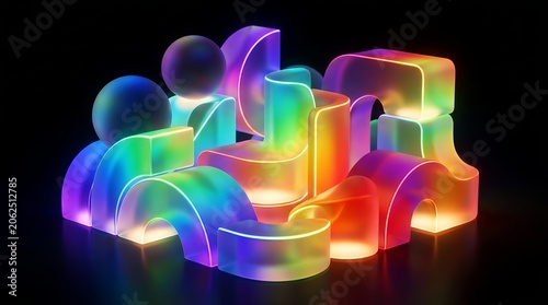 Abstract 3D Render of Colorful Glowing Frosted Glass Geometric Shapes with Vibrant Rainbow Gradients