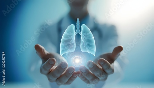 Virtual lung assessment and futuristic medical imaging solutions. Pulmonary function testing and healthcare tech. Doctor balancing a clean holographic lung over an interface light